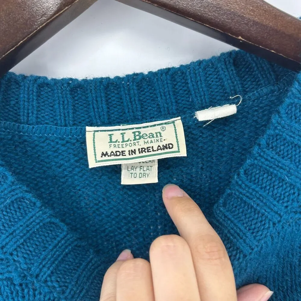 Vintage LL Bean Wool Fisherman Sweater Teal Pullover Made In Ireland Chunky